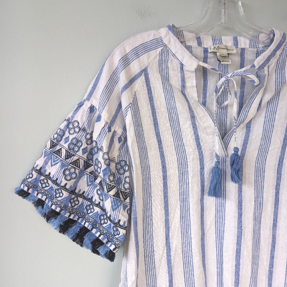 Neiman Marcus Blue & White Striped Boho Fringe Embroidered Sleeve Dress - Picture 4 of 7